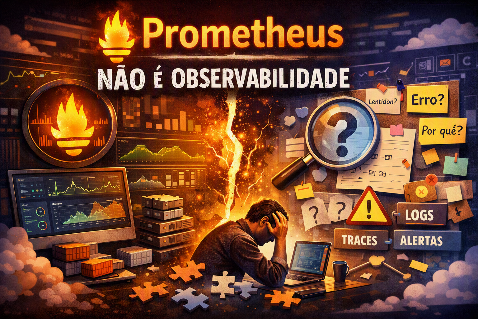 Ilustração com o logo do Prometheus e o título 'Prometheus não é observabilidade', mostrando uma pessoa frustrada diante de dashboards, cercada por perguntas e por etiquetas de logs, traces e alertas